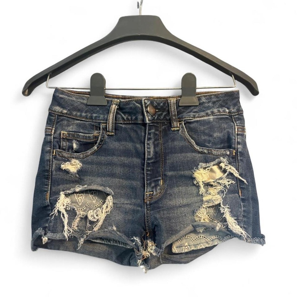American Eagle Outfitters Womens Hi-Rise Shortie Distressed Denim Shorts Blue 4